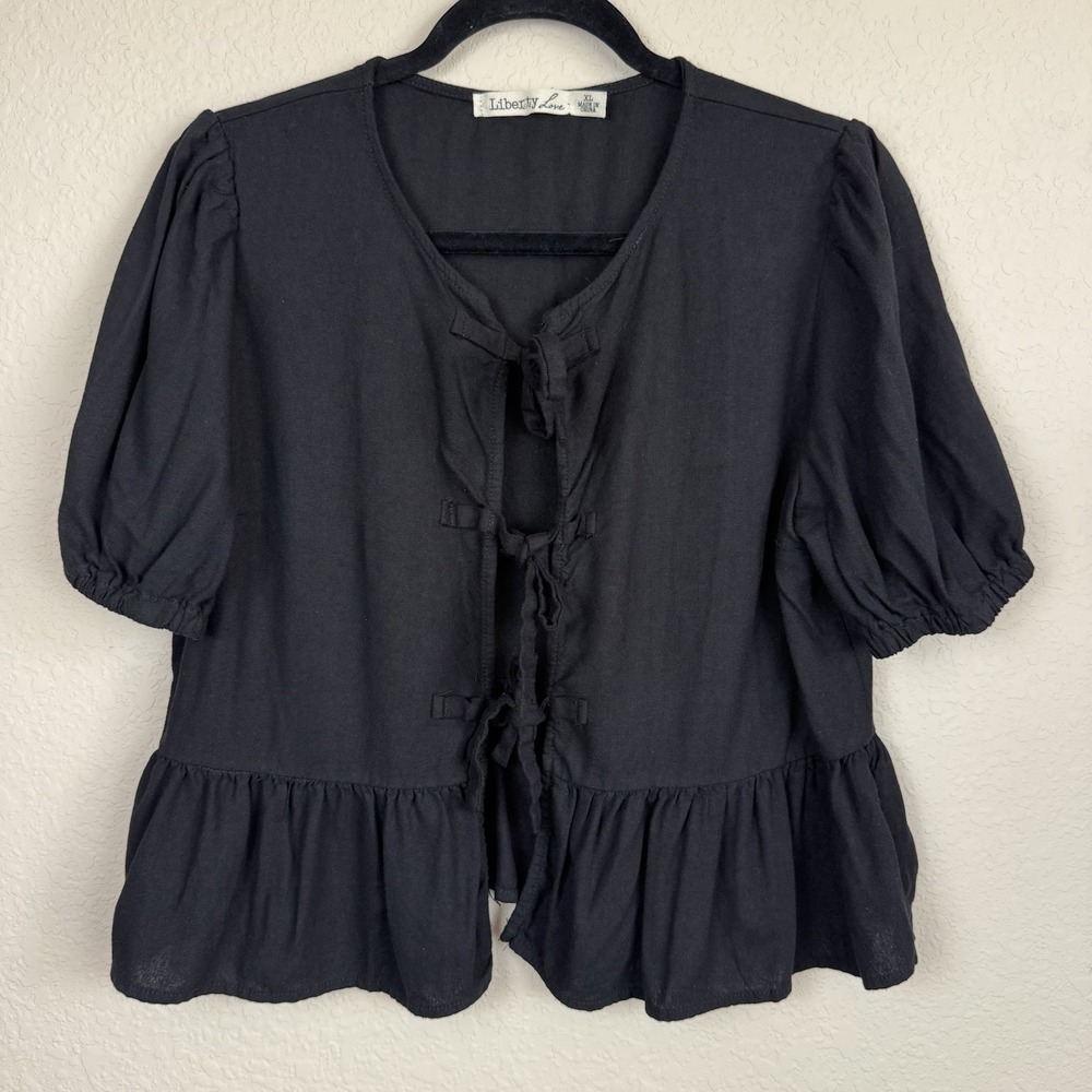 Liberty Love Juniors XL Black Tie Front Peplum Puff Sleeve Preppy Linen Blend